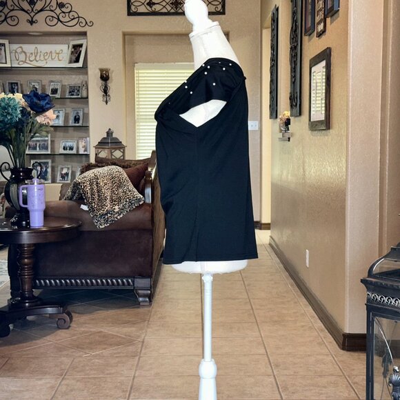 Shein Curve*Asymmetrical Neckline Top Pearl accented Sleeves*EUC - Picture 2 of 4